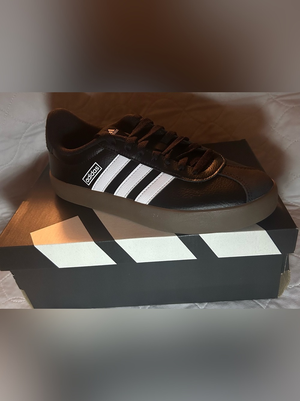 adidas Black Sneakers with White Three-Stripes and Gum Sole